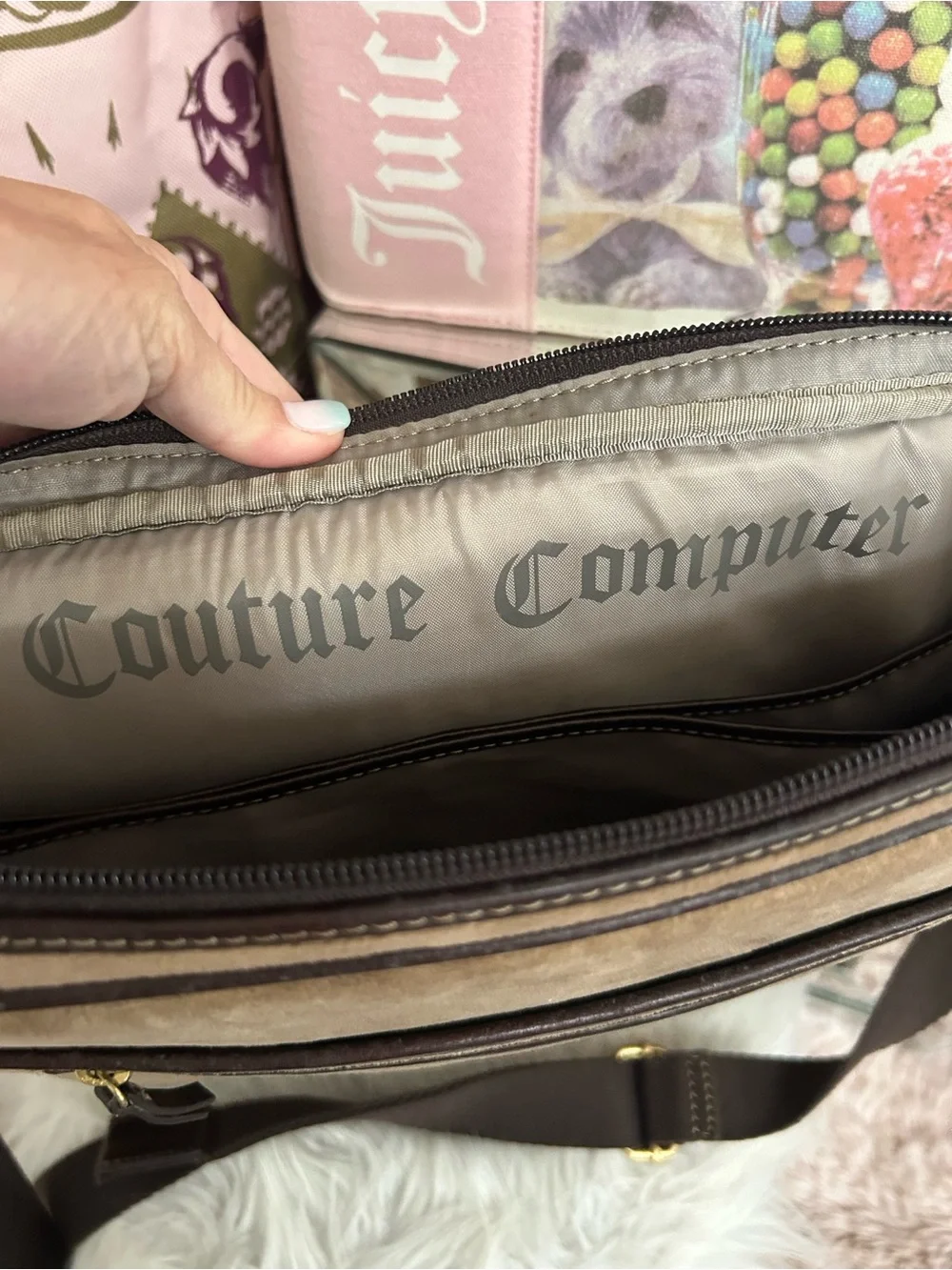 Y2K Vintage 2008 Juicy Couture Brown Velour Laptop Crossbody Bag Floral Logo